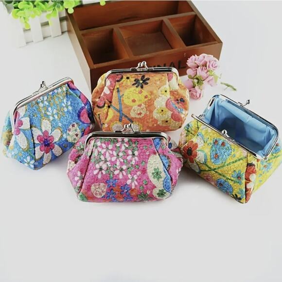 Floral Kiss Lock Coin Purse Canvas Storage Bag Lipstick Keys NEW - Picture 5 of 6